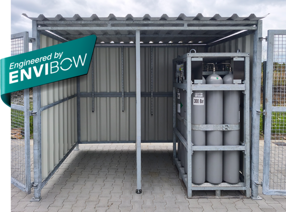 Gasflaschendepot für den Außenbereich, Lagerung von Druckgasflaschen im Außenbereich, Druckgasflaschendepot, Depot für Druckgasflaschen, Depot für Gasflaschen engineered by ENVIBOW